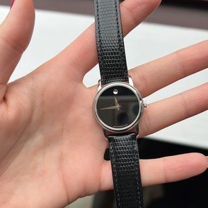 Beautiful MOVADO Black Leather/Silver womens watch